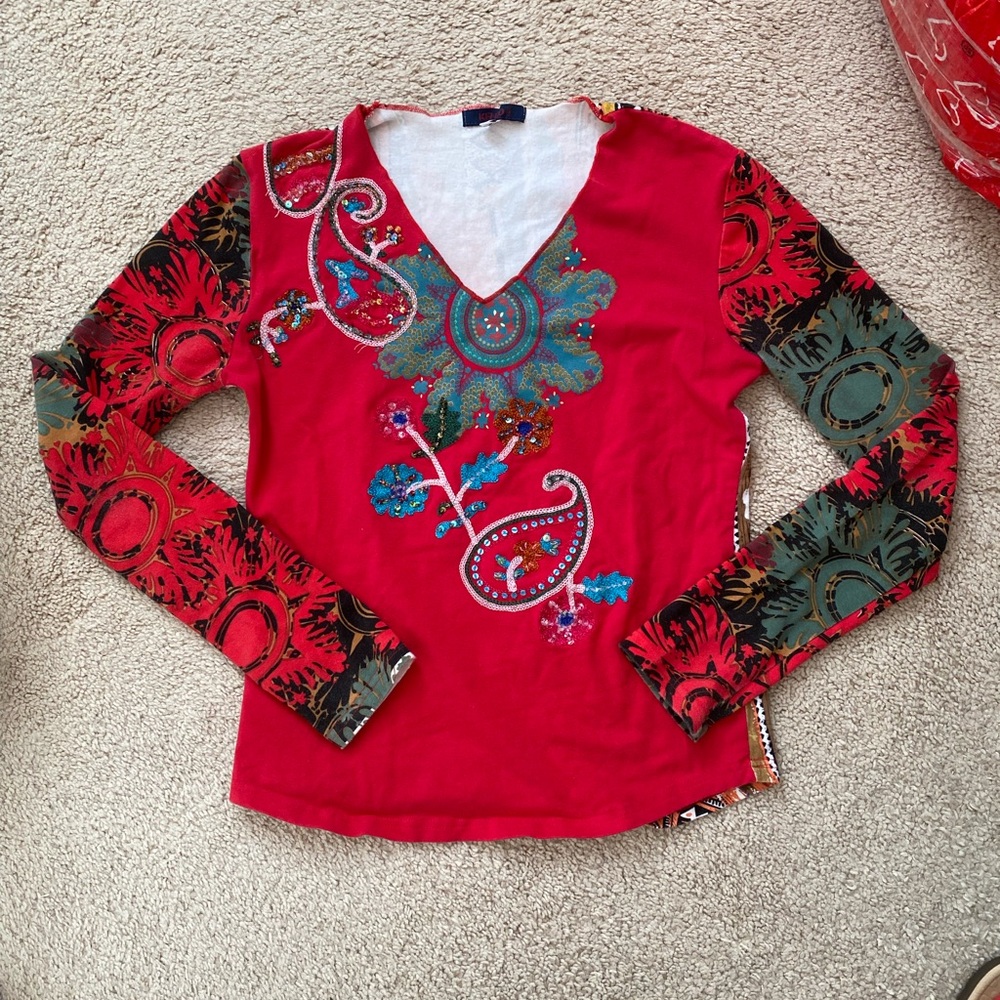 Red Embroidered Sleeveless Top - US S